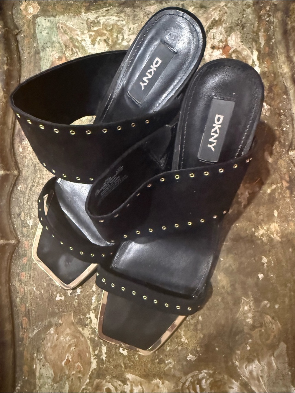 DKNY Black Studded Slide Mules with Gold Trim - Picture 2 of 6